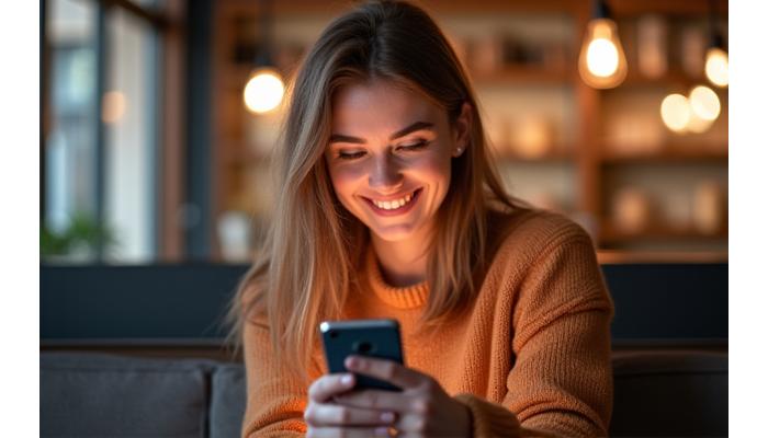 Młoda kobieta uśmiechająca się, przeglądając aplikację randkową na smartfonie, z subtelnym światłem ekranu na twarzy.