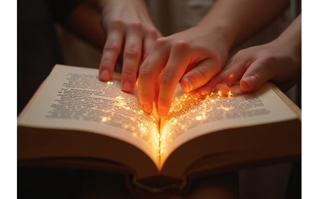 Para, której dłonie splatają się nad otwartą księgą, z subtelnymi liniami wyboru rozchodzącymi się z tekstu, symbolizując interaktywne opowieści.