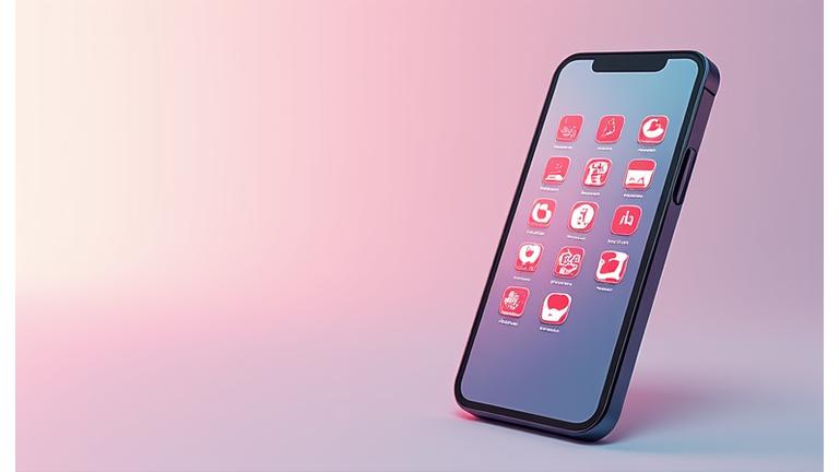 Ekran smartfona pokazujący ikony aplikacji randkowych, takich jak Tinder, Bumble, Hinge, symetrycznie ułożone z lekkim efektem głębi i delikatnym tłem gradientowym w pastelach.