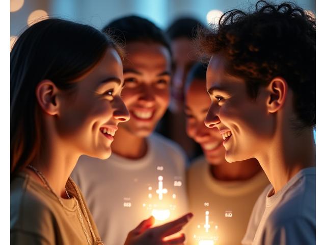 Diverse group of people smiling and interacting through stylized digital interfaces, forming connections