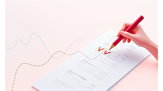 Ikona symbolizująca korektę danych - ołówek piszący na dokumencie z symbolem tick-u, w otoczeniu delikatnych odcieni różu i błękitu, symbolizujący precyzję i dbałość.