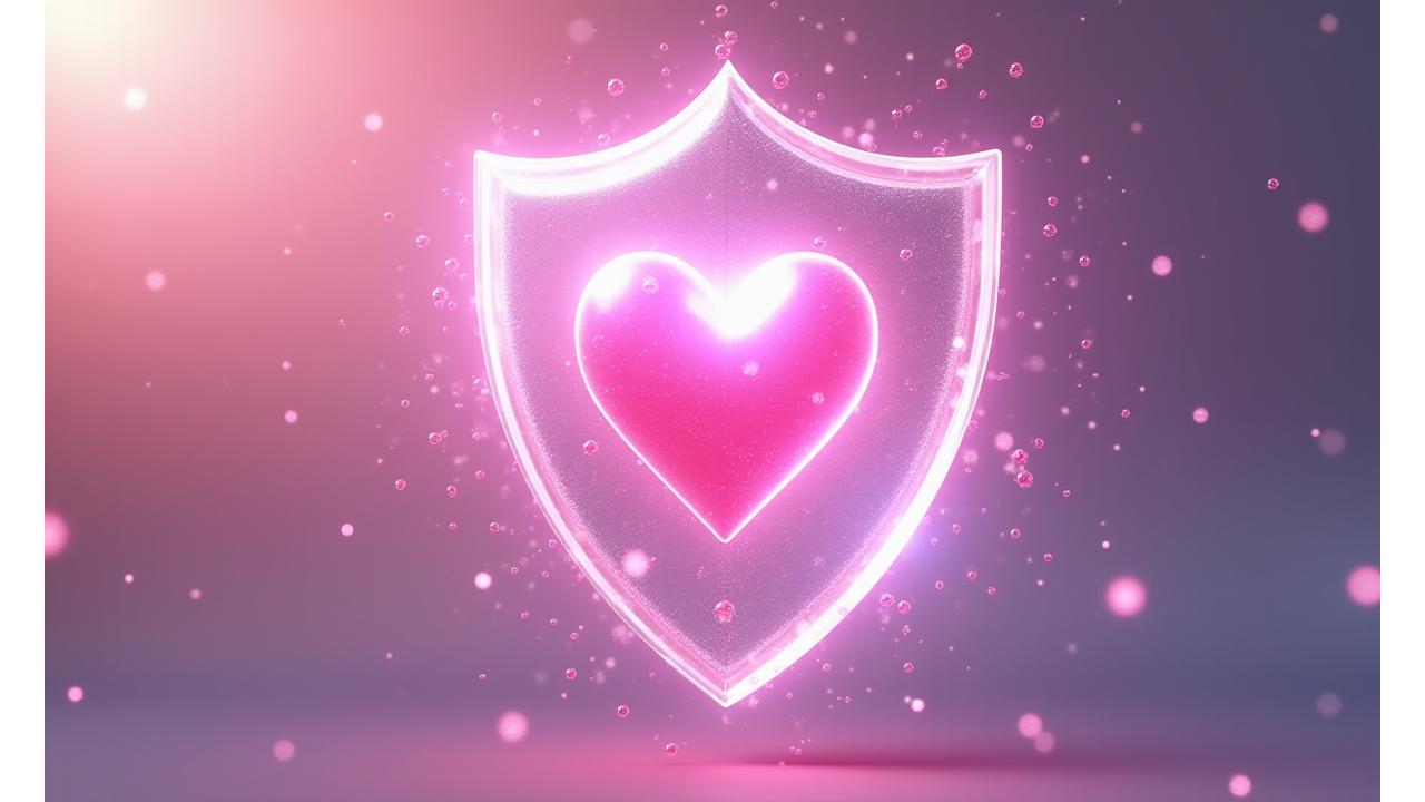 Grafika symbolizująca cyfrową tarczę ochronną z kłódką, osadzona w sercu, otoczona delikatnymi liniami danych, wszystko w odcieniach różu, fioletu i błękitu, reprezentujących bezpieczeństwo i emocje.