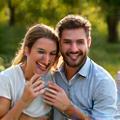 Kasia i Tomek, para uśmiechnięta i zrelaksowana podczas pikniku na zielonej trawie.